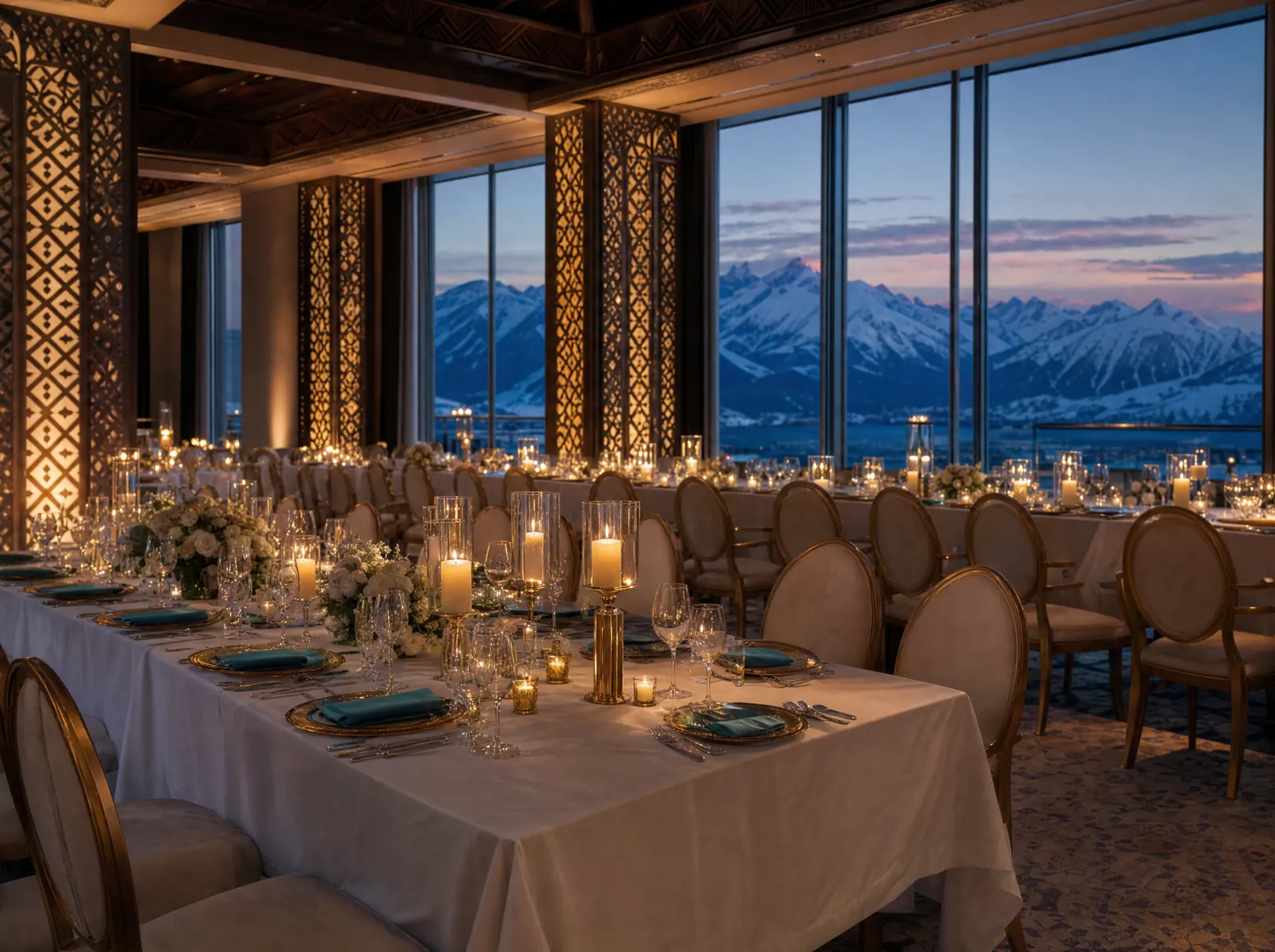 Gala dinner hall with mountain views prepared for a corporate event
